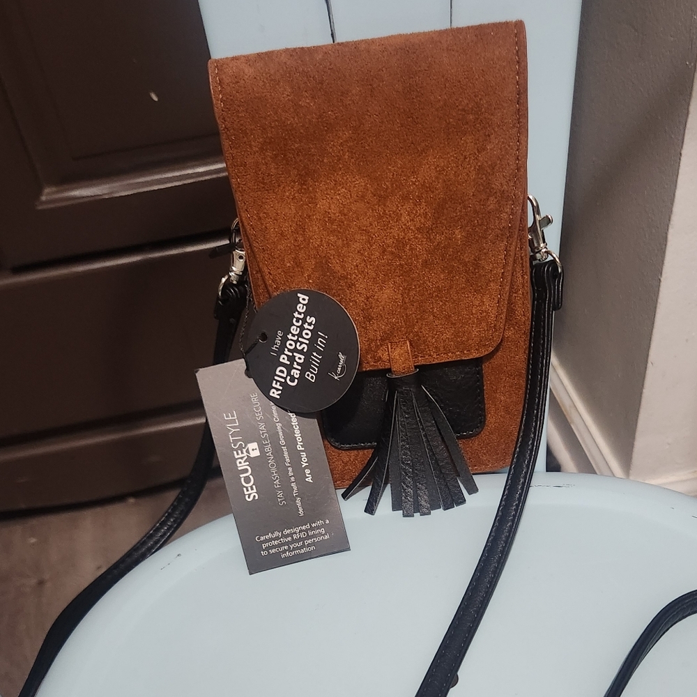 Suede crossbody wallet with card protection